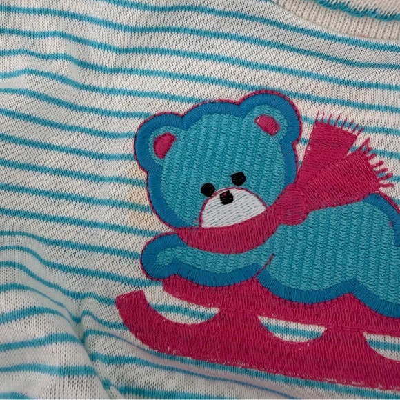 Vintage 80s 90s Health-Tex Bear on Sled Blue White Striped Dress, NWT, Girls 3T - Picture 3 of 8